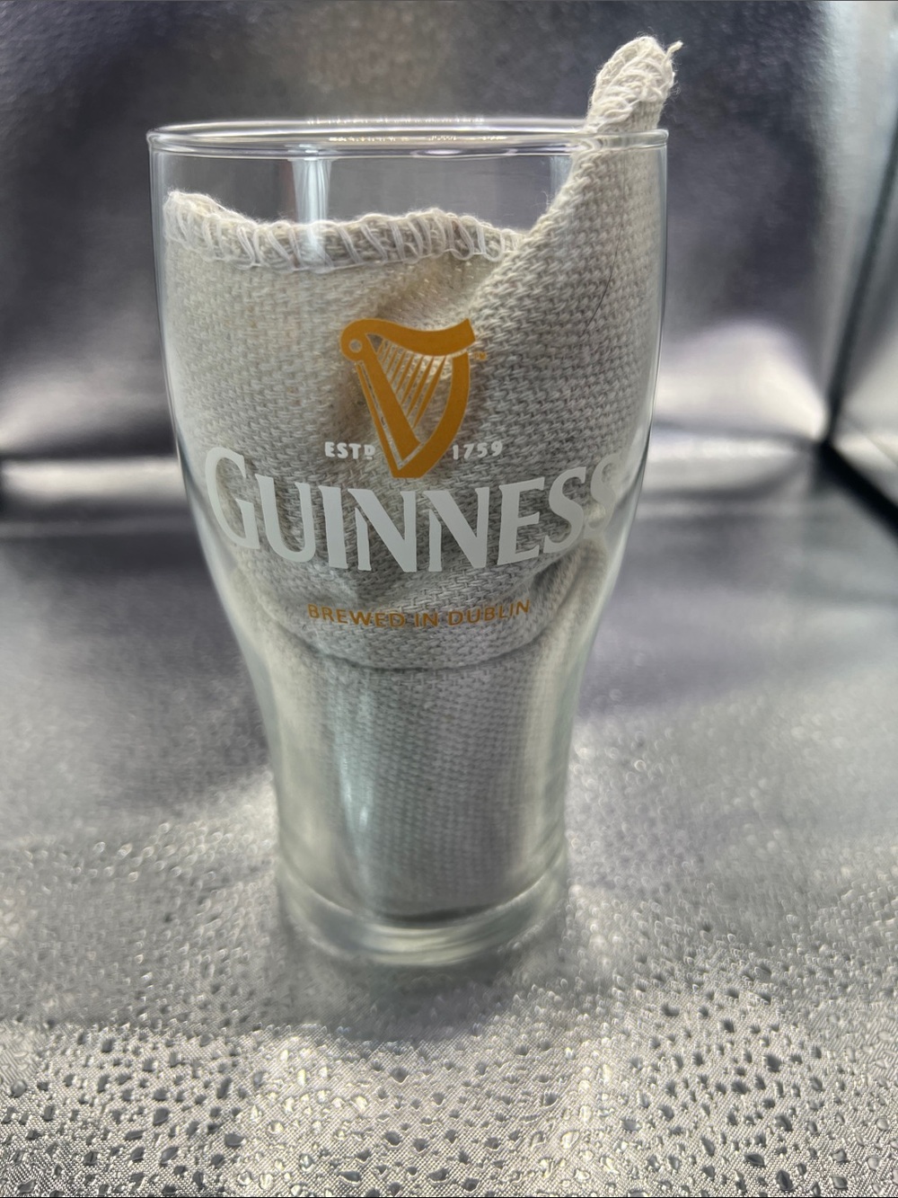 Guinness Clear Pint Glass with Gold Harp and White Lettering